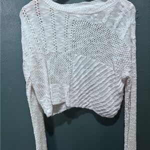 Patchwork Cropped Crewneck Sweater in Cream